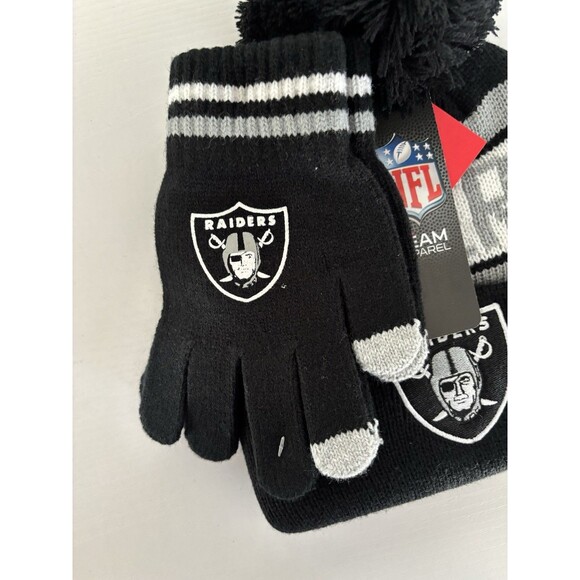 NFL Team Apparel Las Vegas Raiders Pom Pom Beanie And Gloves NWTs - Picture 3 of 3